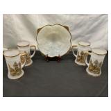 Milk Glass Bowl and Mug Set with Gilt Accents