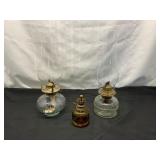 Three Vintage Glass Oil Lamps With Chimneys