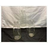 Three vintage One Quart Clear Glass Milk Bottles