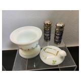 Milk Glass Jar and Silver Salt Shakers
