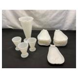 Milk Glass Vase, Plates, and Goblets Set