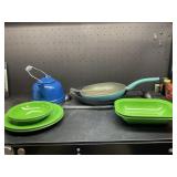 Enamel Pot, Two Skillets, Griddle, And Dinner Ware