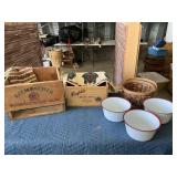 Two Wooden Crates & Assorted Bowls