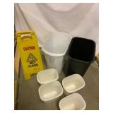 Trash Bins and Wet Floor Sign