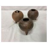 3 Carved Clay Tripod Vessels