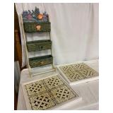 Wood Shelf with Woven Baskets and Framed Tiles