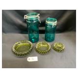 Green Glass Canisters and Ashtrays