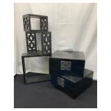 3 Wood Wall Boxes and 2 Decorative Containers