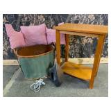 Household Items Including Table, Bin, and Iron