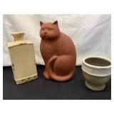 Terracotta Cat Figure and Two Ceramic Vases
