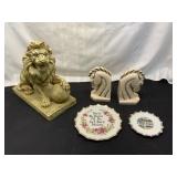Decorative Lion, Bookends, and Plates Lot