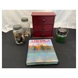 Decorative Jar Set, Book, and Drawer Chest