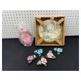 Decorative Plate, Figurine, and Porcelain Flowers