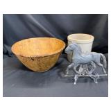 Wood Bowl, Stoneware Crock, and Horse Figurine