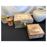 Decorative Boxes, Pottery Vase, and Candles