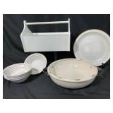 Ceramic Dishware and Wood Organizer Set