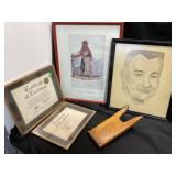 Framed Art, Certificates, and Boot Jack
