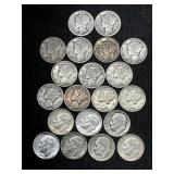20 Assorted Silver Dimes, 13 Mercury & 7 Roosevelt