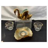 Gold Iridescent Glass Dish, Swan Figurine & More