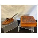 Carved Leather Box, Shoe Pipe Rest, and Lighter