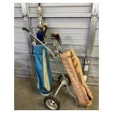 Vintage Golf Clubs with Bags and Cart