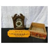 Clock, Sign, and Crate