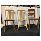 Three Wood Chairs and Vinyl Bench