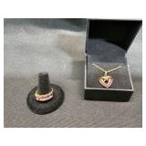 Gold Ring with Amethyst and Ruby Pendant