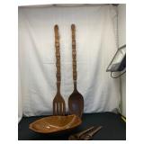 Vintage Teak Carved Wooden Salad Bowl /Utensils