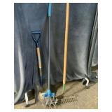 Three Garden Tools: Shovel, Cultivator, and Rake
