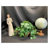 Willow Tree Figurine, Faux Plant, and Globe
