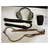 Assorted lot hearing protector, rifle slings,