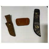 Brown Leather belt Slide Holster & 2 Knife Sheaths