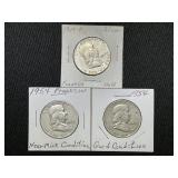 (3) Franklin Half Dollars 1949-P & (2) 1954-D