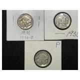 (3) Buffalo Nickels1936-D, 1936-P, 1937-P
