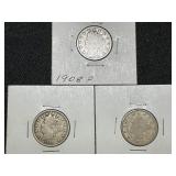 (3) Victory Nickels1908, 1910, 1912-P