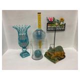 Decorative Lot: Frog Figurine, Candle Holders, Pap