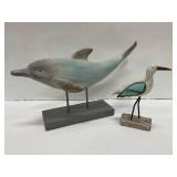 Wooden Dolphin and Seagull Sculptures