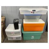 Six Storage Totes and Vintage Cooler