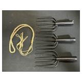 Three Metal Fishing Spearheads With Rope