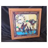 Framed Stain Glass Ducks & Cattails Clock Picture