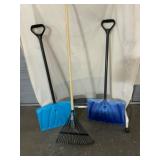Two Snow Shovels and Rake