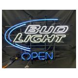 Bud Light Neon sign featuring an ï¿½OPENï¿½ text