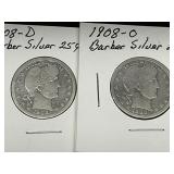 1908-D and 1908-O Barber Silver Quarters