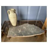 Stone Slab With Petroglyphs & Vase