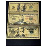 (3) Gold Bills 999999 Gold - $100, $50, $20