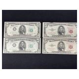 (2) 1953 Red Seal U.S. $5 & (2) 1950 $5 Fed Res