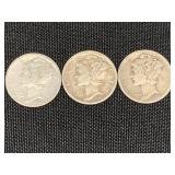 (3) Silver Mercury Dimes, 1943-D & (2) 1945-S