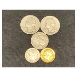 (2) Silver Quarters, 1 Silver Dime, Buffalo Nickel