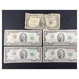 (4) 1976 $2 Bills & (1) 1957 $1 Silver Certificate